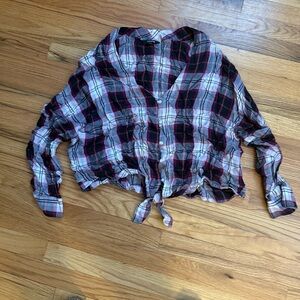 Express Plaid Button-Up Tie Front Cropped Shirt
